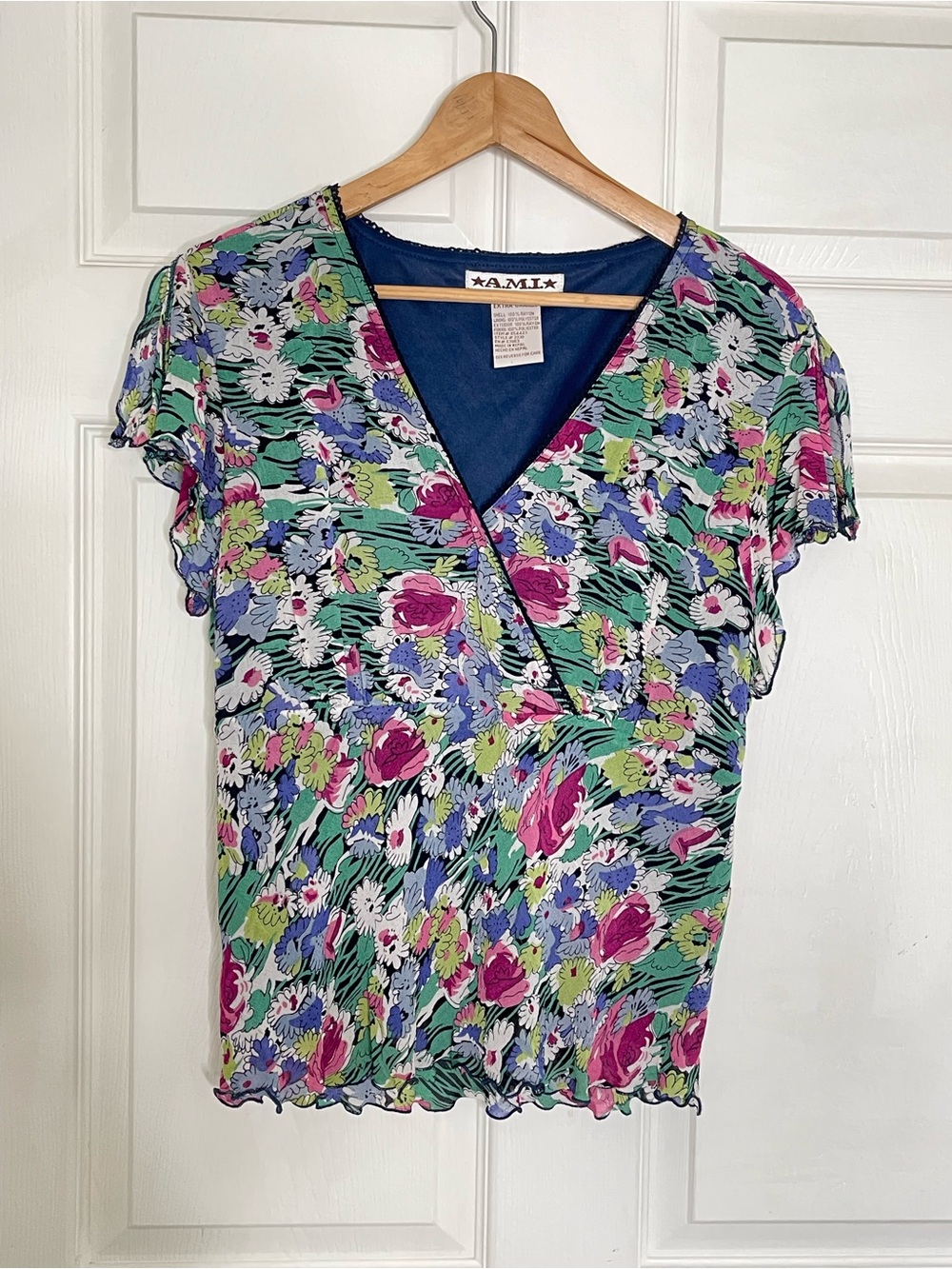 Ami Floral Wrap V-Neck Blouse - Pink, Green, Blue, White